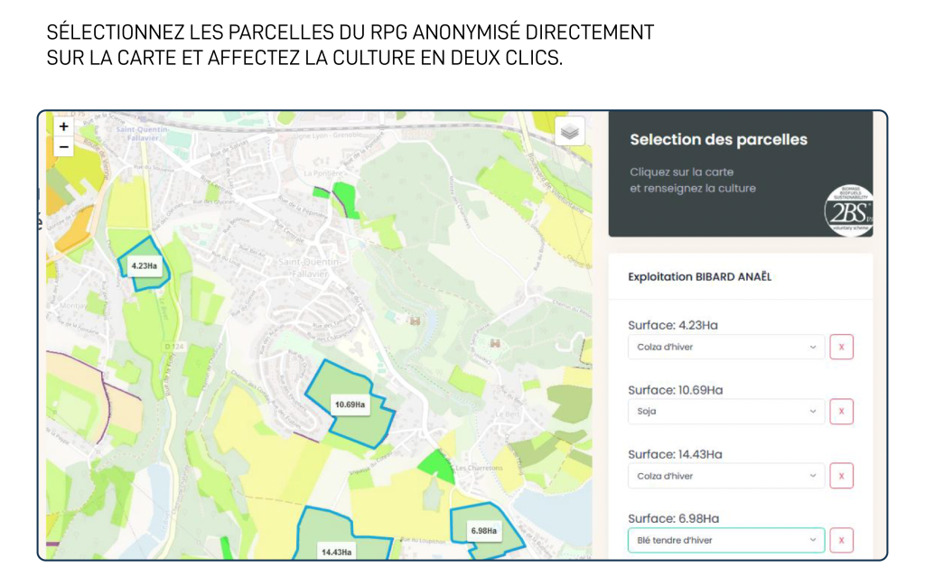 Sélectionnez les parcelles du RPG anonymisé directement sur la carte et affectez la culture en 2 clics