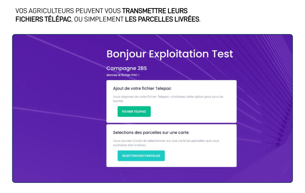Vos agriculteurs peuvent vous transmettre le fichier télépac, ou simplement les parcelles livrées grâce à docufarm