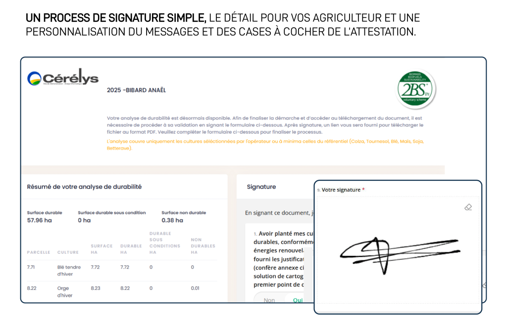 Un process de signature simple, le détail pour votre agriculteur, et une personnalisation du message et des cases à cocher de l'attestation.