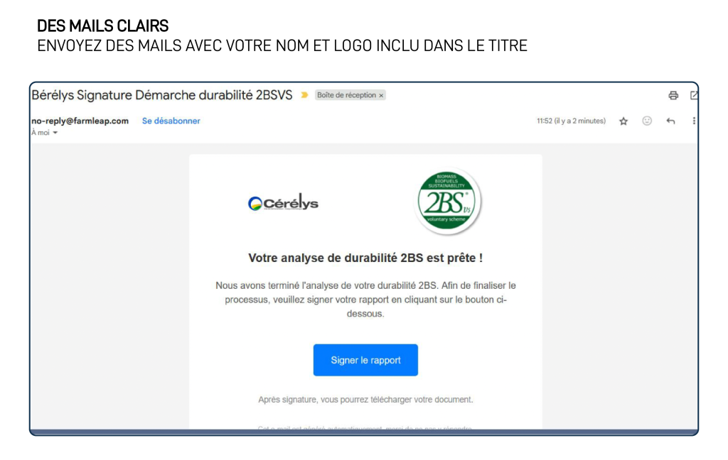 Des mails clairs, envoyez des mails avec votre nom et logo inclu dans le titre